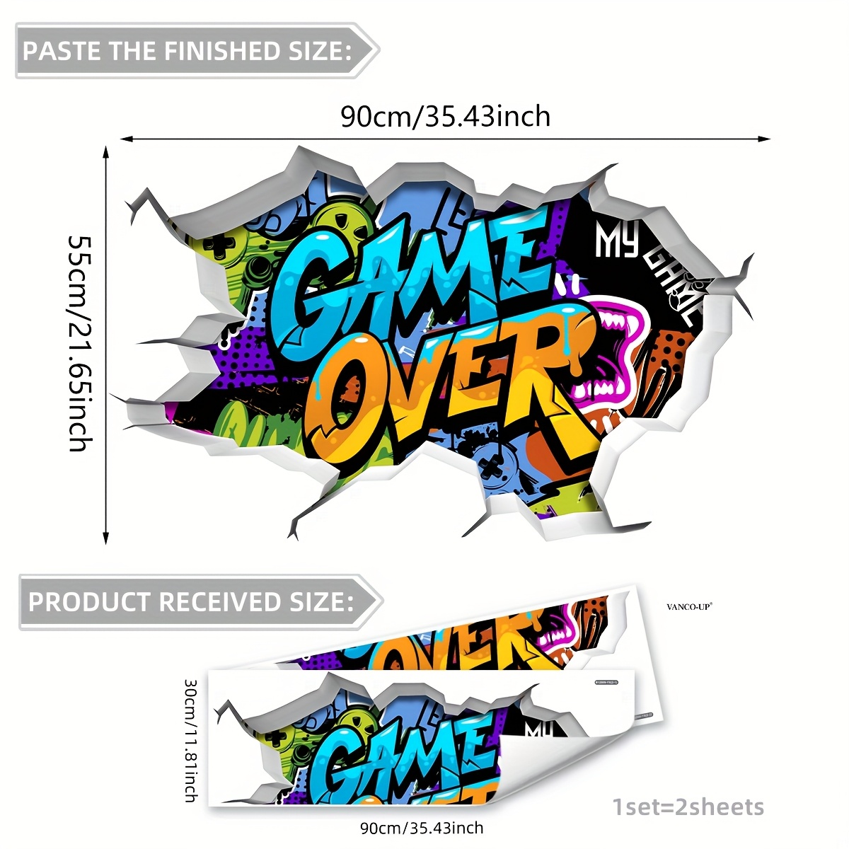 Image of A Set Of 2 (30*90cm*2pcs) Creative 2d Hole- Game Colorful English Wall Stickers For Room, Decoration, Background Atmosphere Wall Decals (b12009-yx)