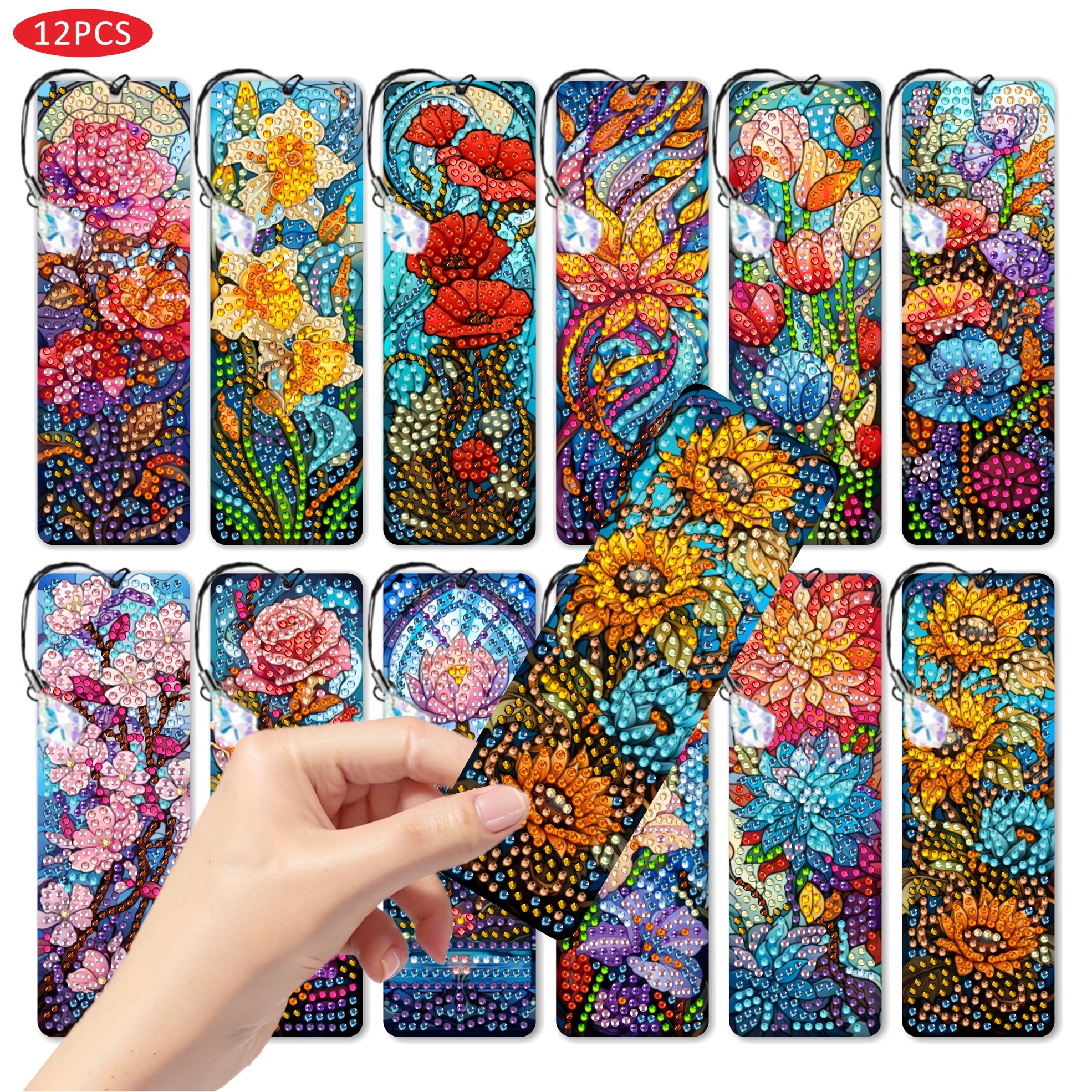 TEMU 12pcs Mandala Flower Bookmark With Round Rhinestone Suitable For Books, Journals, Diy Gift - Crystal Pendant & Lanyard, Book Page Surprise
