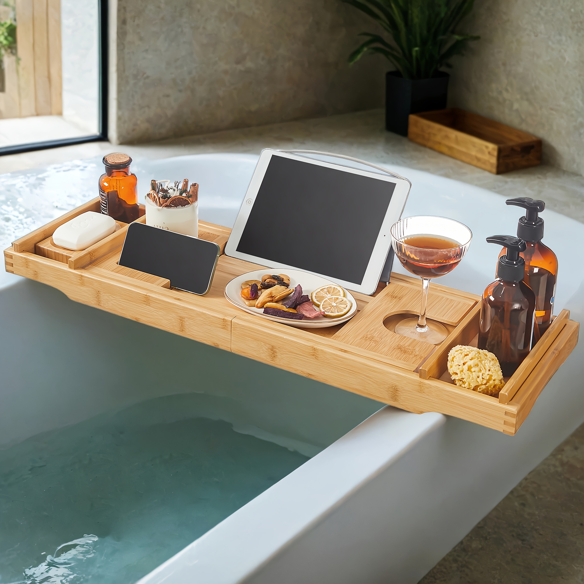 Image of Bamboo Material Extendable Bathtub Tray, Adjustable Bath Board, Bathtub Trays, With Cup Holder, Bookrest, Soap Dish 75-109 X 4.5 Cm (w X H X D), Shelves