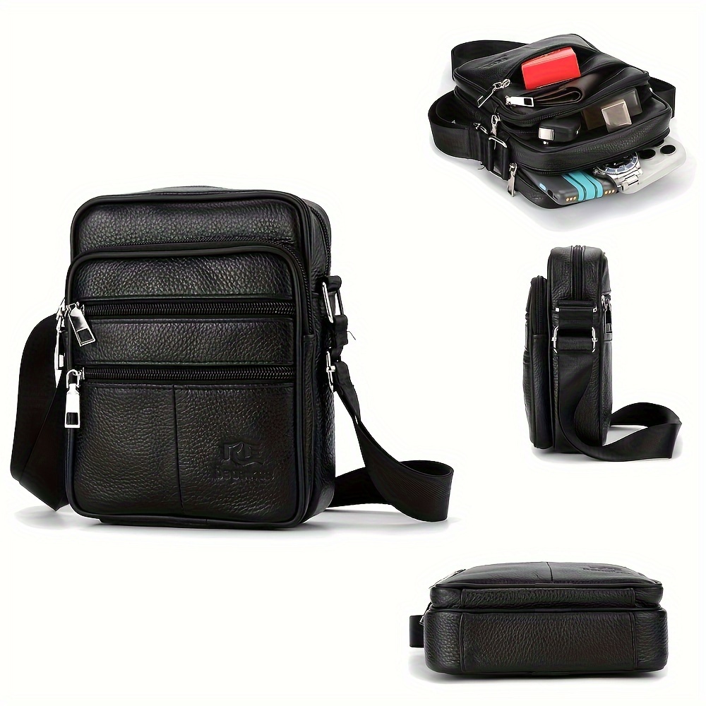 

1pc Men' Genuine Leather Crossbody Bag - Stylish Black Cowhide Shoulder Bag With Adjustable Strap, Multi-compartment , Travel & Use, Small Crossbody Bag