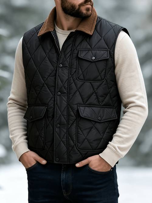 item picture mens vintage rhombus vest with lapel multi pocket sleeveless vest for autumn winter daily commuting and outdoor rhombus vintage casual autumn winter regular fit corduroy lapel multi pocket snap button sleeveless vest in black