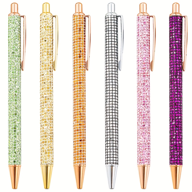 Image of 6 Shiny Metal Ballpoint Pens, 1.0mm Black Ink Push-button Style With Glitter Design, Unisex Writing Tools Suitable For School And Office Use