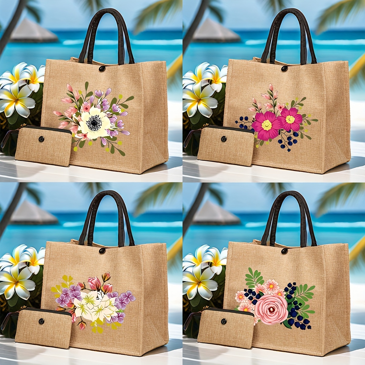 

Chic Floral Burlap Tote Bag Set For Women - 2pcs, Large Capacity, Fashionable Shoulder Handbag With Coin Purse - Weddings, Shopping & Beach