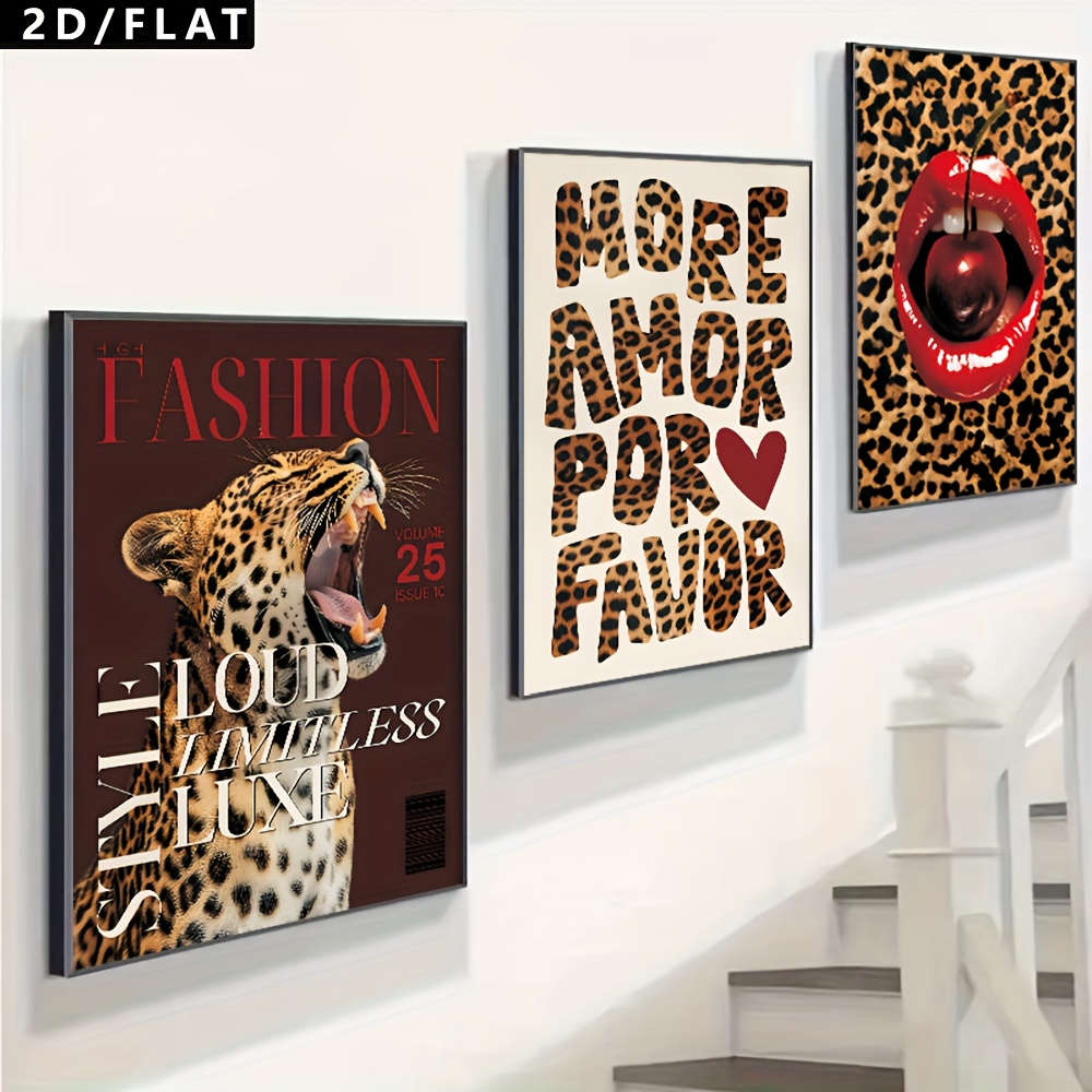 TEMU 2d Flat, 2d Flat, 2d/flat 3pcs Vintage Leopard Print Canvas Printed Poster, Themed Decorative Painting, Home Or Office Wall Decoration, Bedroom