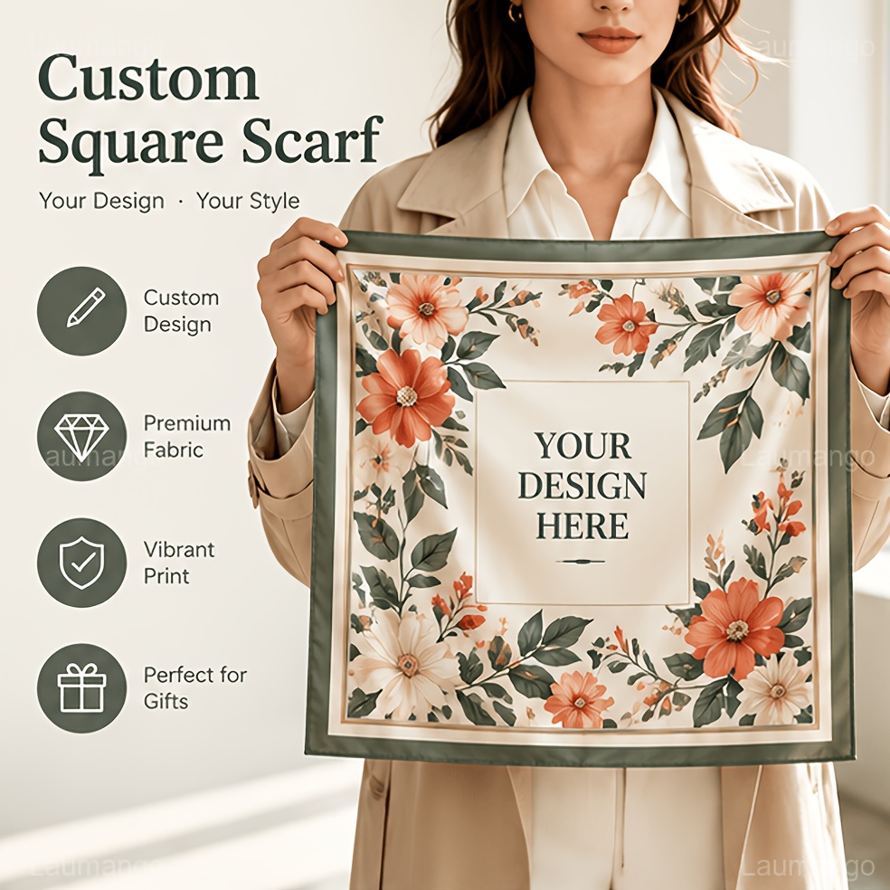 TEMU Bufanda Cuadrada Personalizada, Personalización de Foto con Paisaje de Viaje, Texto de de Comemorativo, Pañuelo para la Cabeza Cuello Bandolera