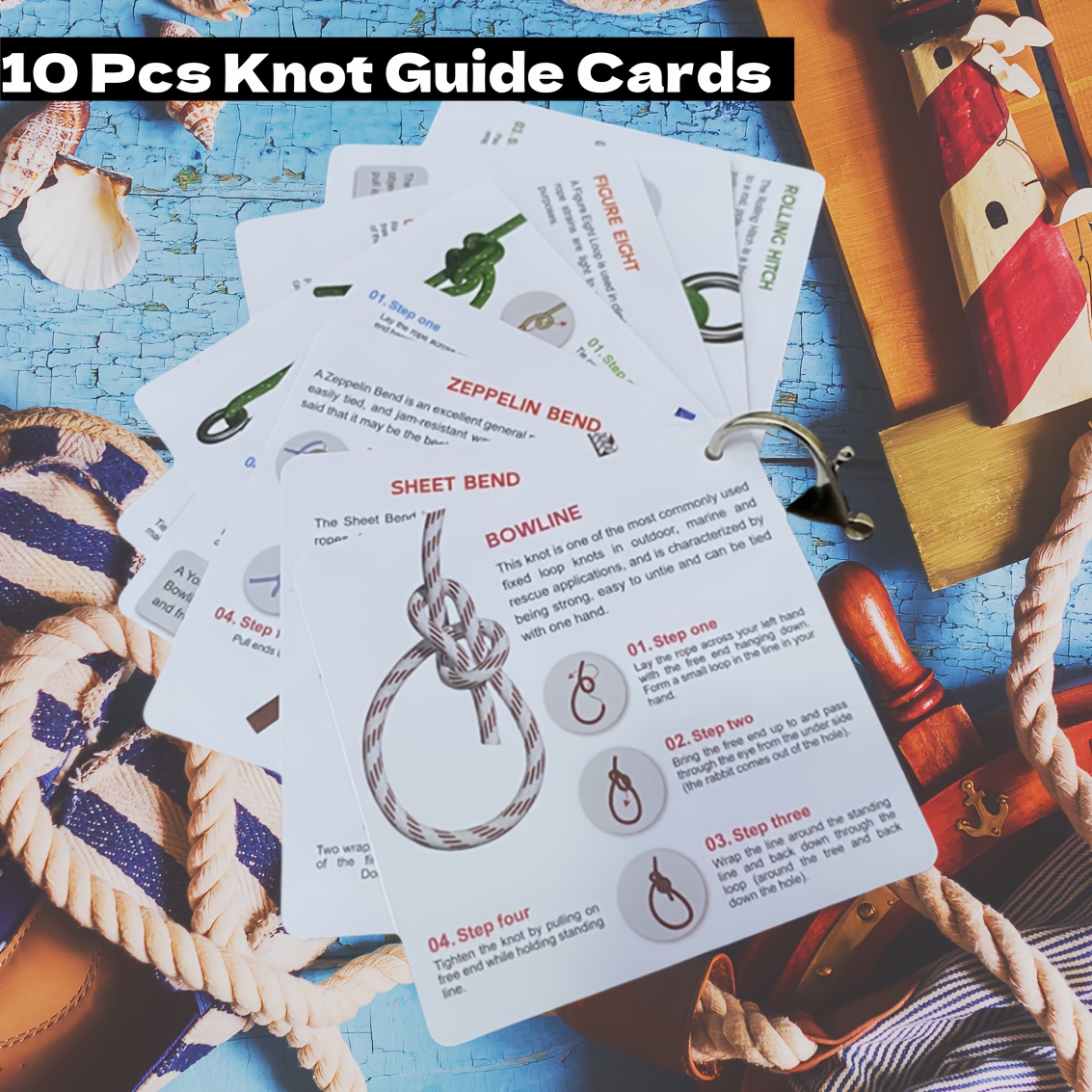 10pcs Waterproof Pvc Knot Tying Cards 20 Knots Snap Ring For Training Outdoor Teaching Guide.