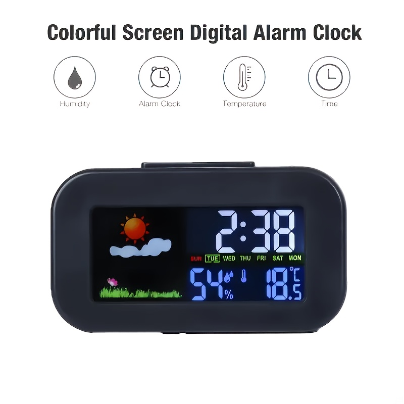 Reloj estación meteorológica con pantalla grande retroiluminada y colorida, monitoreo en tiempo real de temperatura y humedad, animación meteorológica, función de alarma e índice de confort - Funciona con pilas (pilas no incluidas), para dormitorios, residencias estudiantiles, decoración minimalista