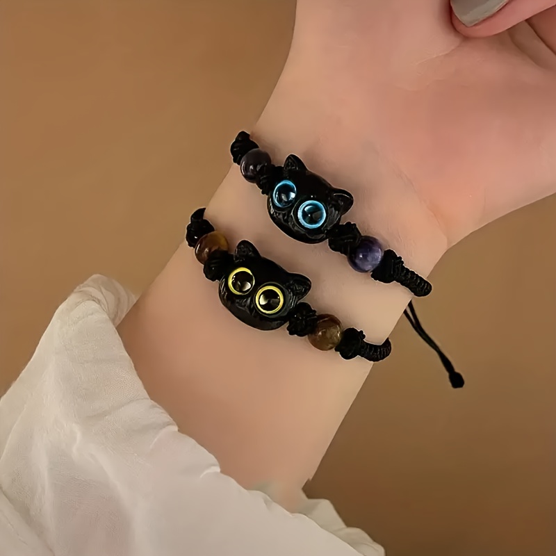 Vintage Cat Charm Bracelets with Glowing Eyes & Stones