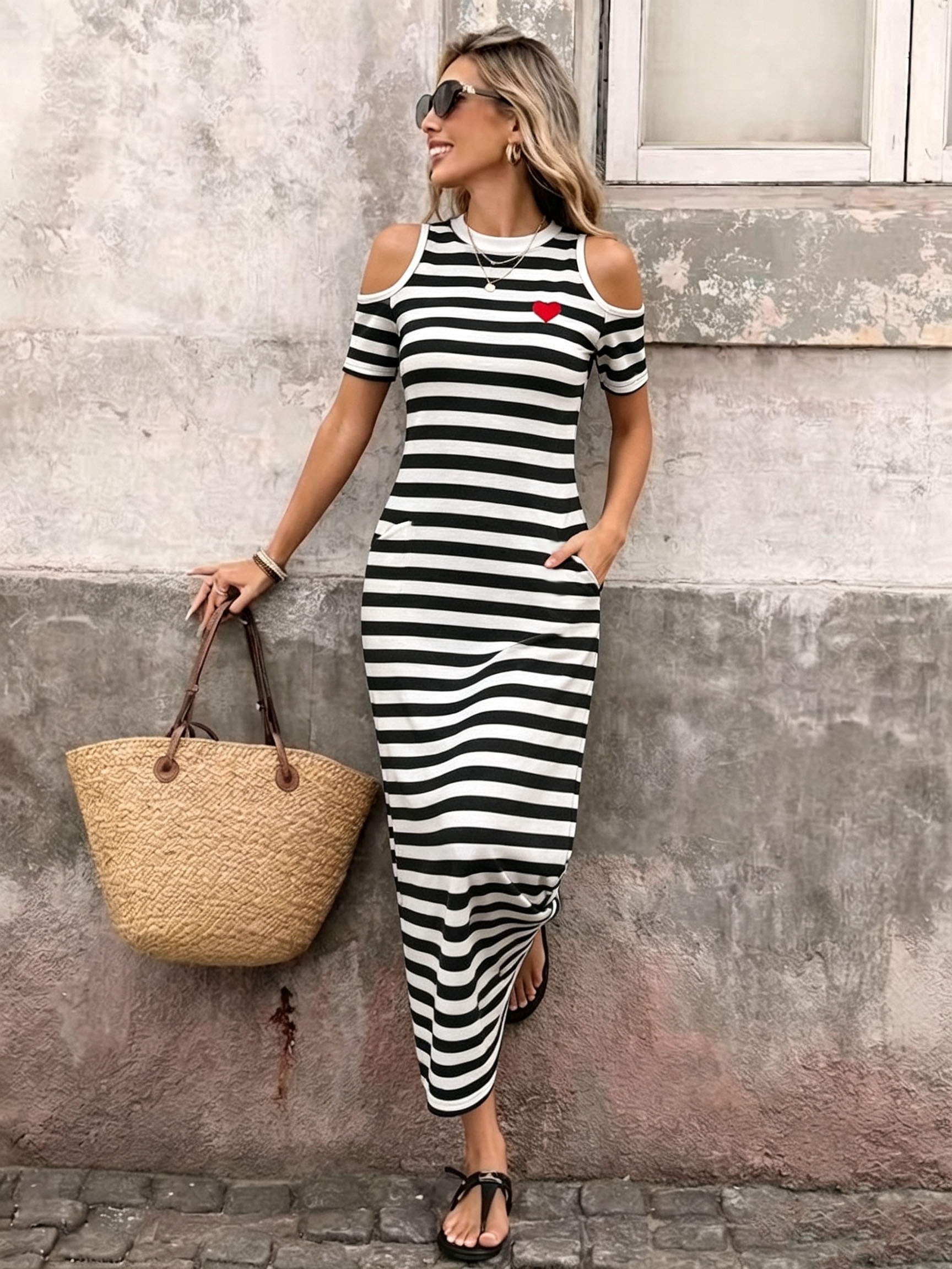 womens casual summer dresses canada Women'S Off-Shoulder Short Sleeve Striped Printed with * Dress Dress Striped Dress Striped *-Length Dress Casual Dress Off-Shoulder Dress Burgundy Sparkly Prom Dresses colour: Pink casual summer dresses Color:Toasted Coconut