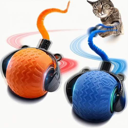 interactive cat toy for indoor cats speedy ball with tail automatic moving cat balls for bored indoor adult cats 360 automatic rolling ball toy two