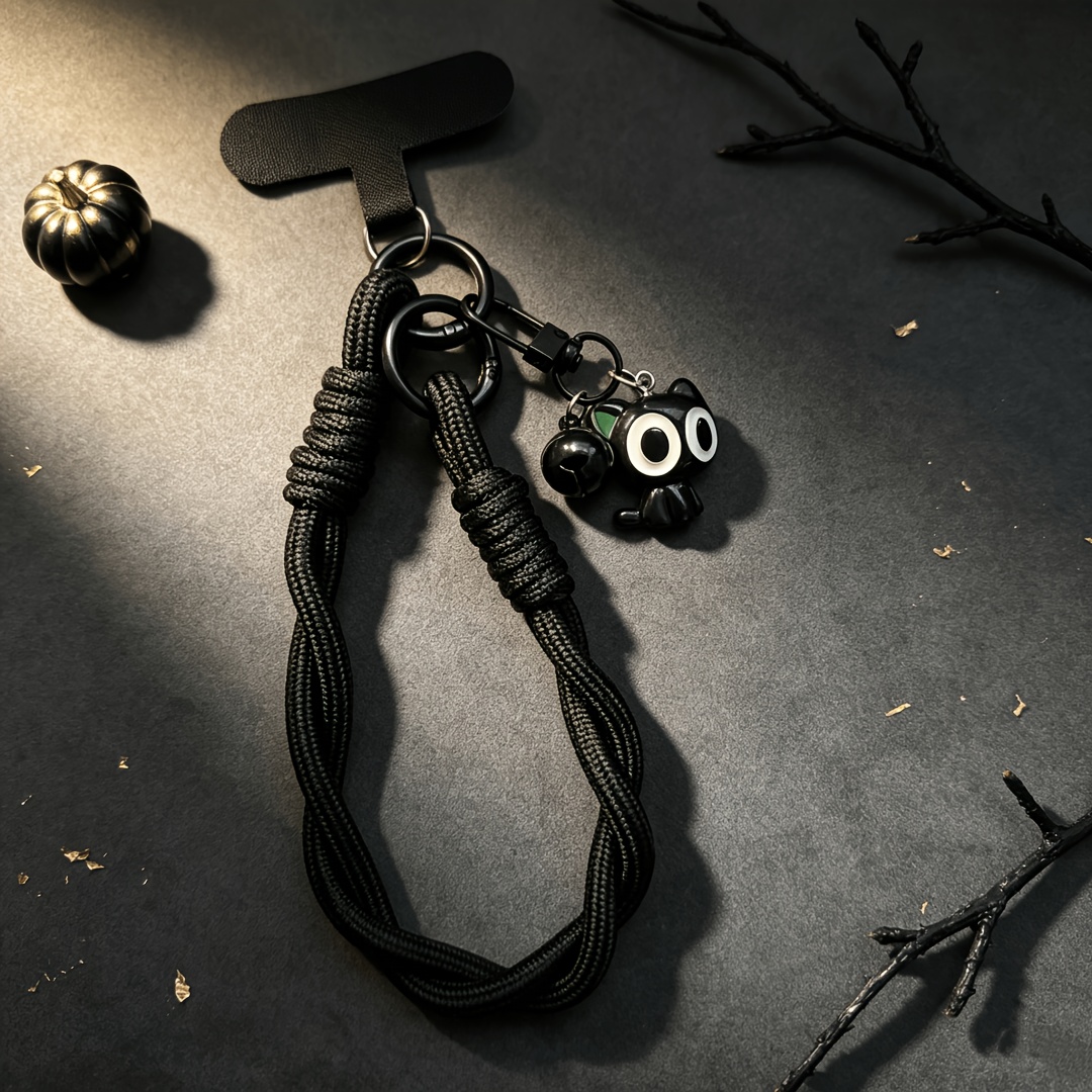 TEMU Cordón para teléfono de gato de Halloween con dije de campana - Correa de muñeca trenzada y de T antipérdida compatible con la mayoría de fundas