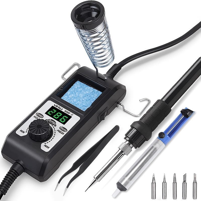 Yihua 908d Ii 60w Digital Display Soldering Iron Kit With A Soldering Station That Operates Between 90-, Including 5 Extra Soldering Tips, A Desoldering Pump, And Anti-static Tweezers (eu Plug)