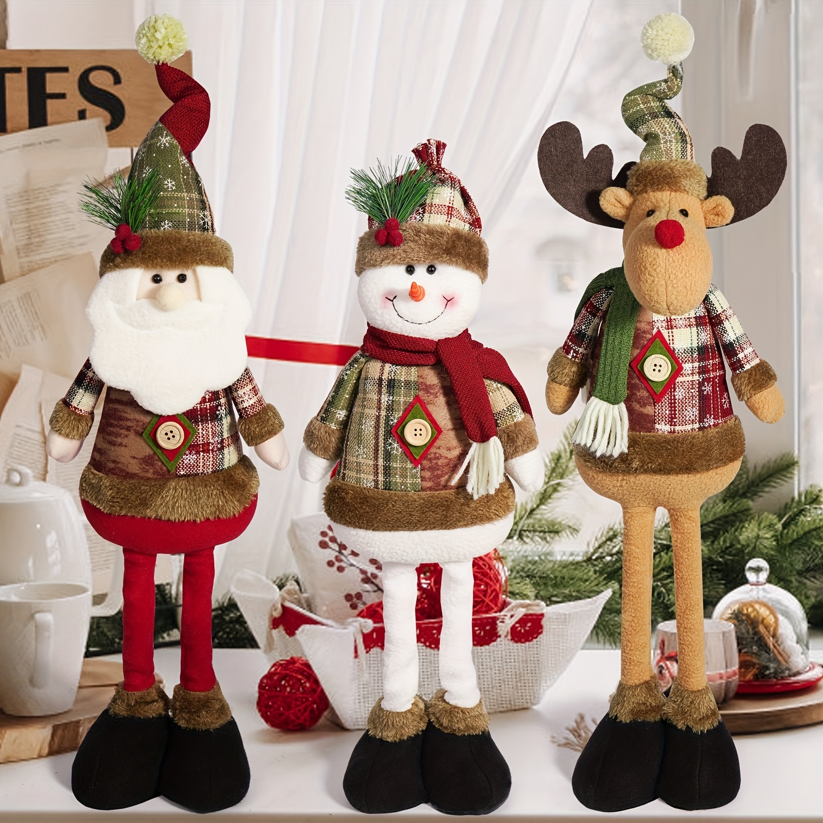 

3pcs Set Of Retractable Christmas - , Snowman & - Long For Display &