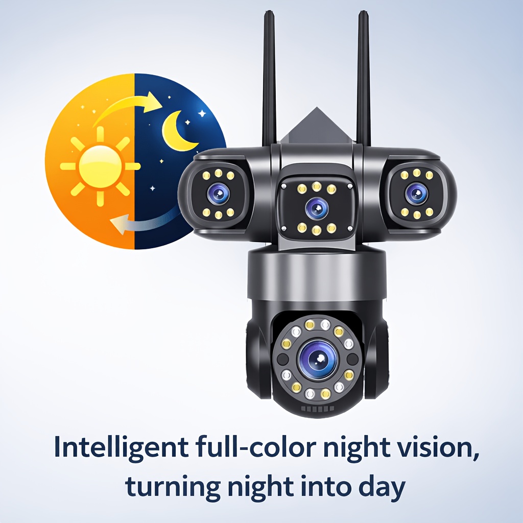 4MP QHD Home Security Outdoor WiFi Camera 4 Lens 4 Screen Home Security Camera (power Adapter Not Included) Outdoor Wireless Camera, 2.4GHz WiFi, 360°PTZ Pan/Tilt Rotation, Motion Detection Tracking, Two-Way Voice Intercom, Full Color Night Vision