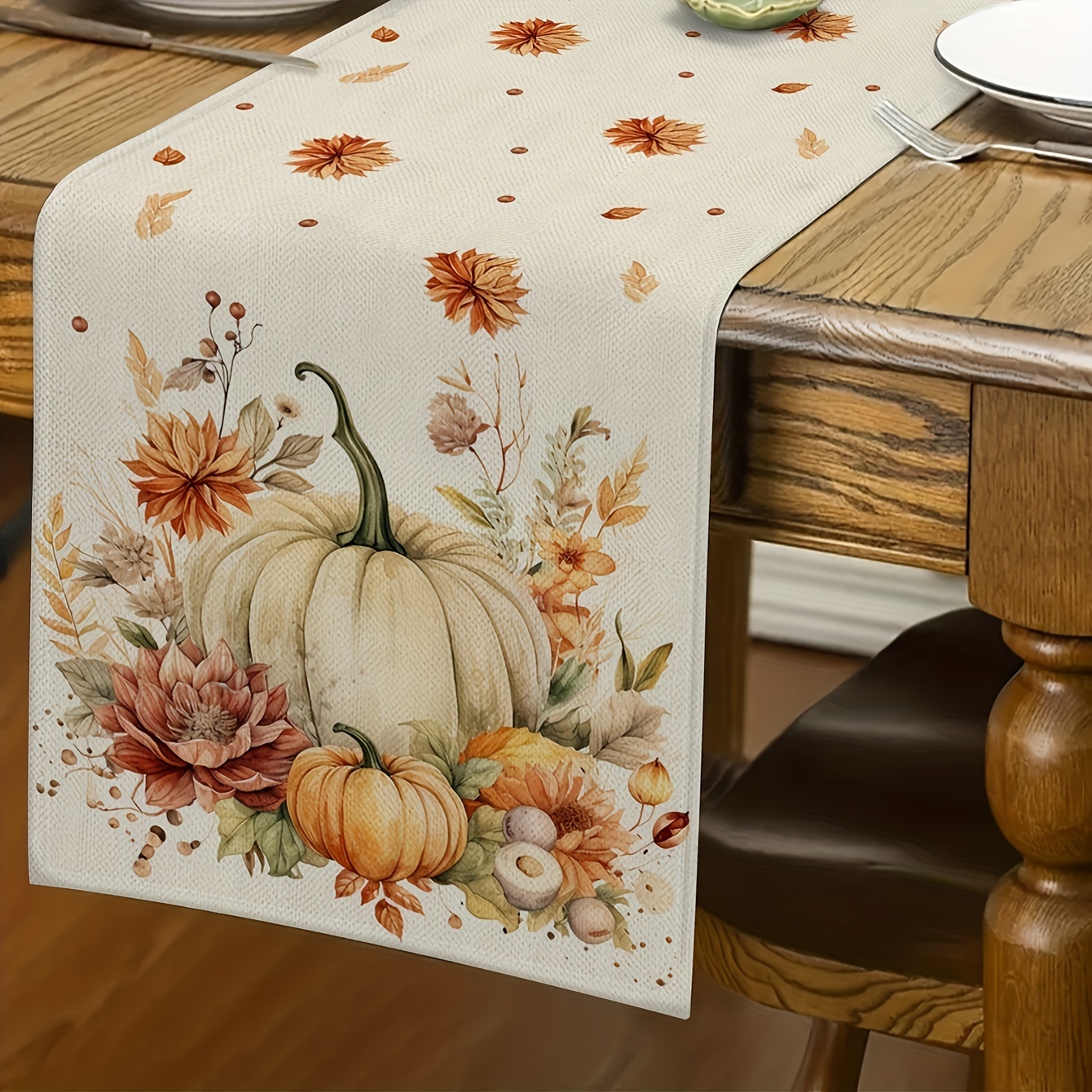 

Thanksgiving Polyester Table Runner - Autumn Floral And Pumpkin Print, Woven Rectangle Table Decoration For Fall Holidays, 13 X 72 Inches