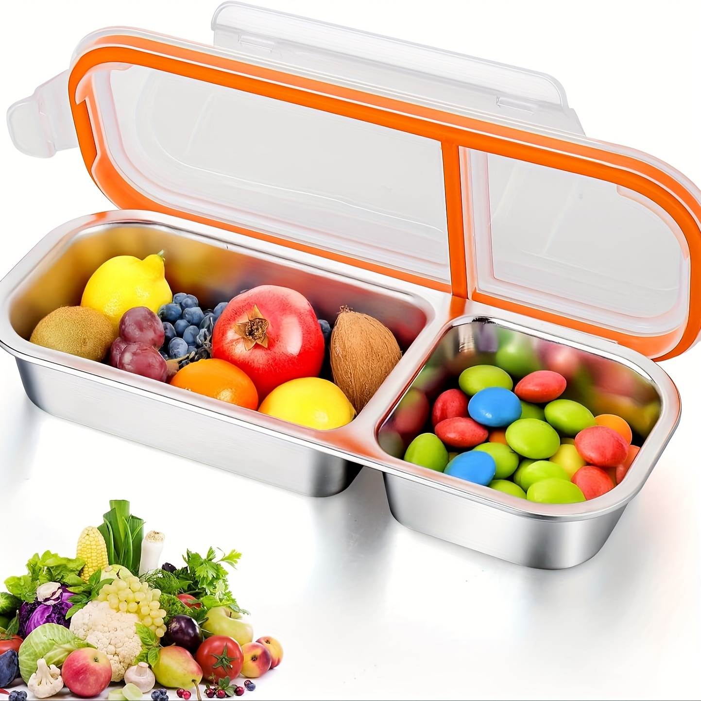TEMU Contenedor de snacks de acero inoxidable reutilizable con , de snacks de /2 compartimentos para sazonar, contenedor de snacks de sazonamiento de