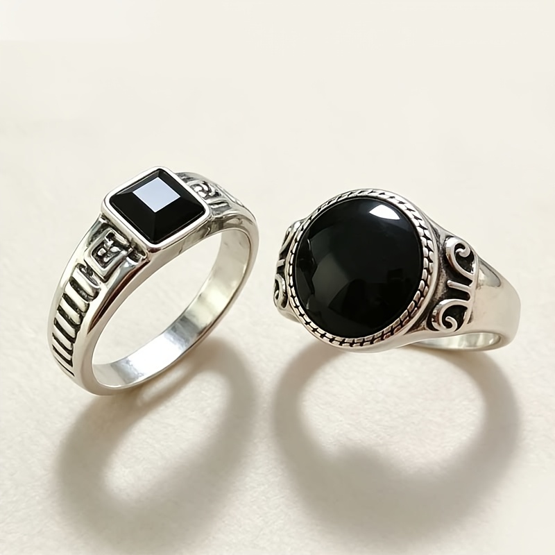 TEMU 2pcs Unisex Vintage Stackable Signet Rings, Gothic Punk Style With Round And Square Black Stones, Men Women Jewelry Gift, Without Battery