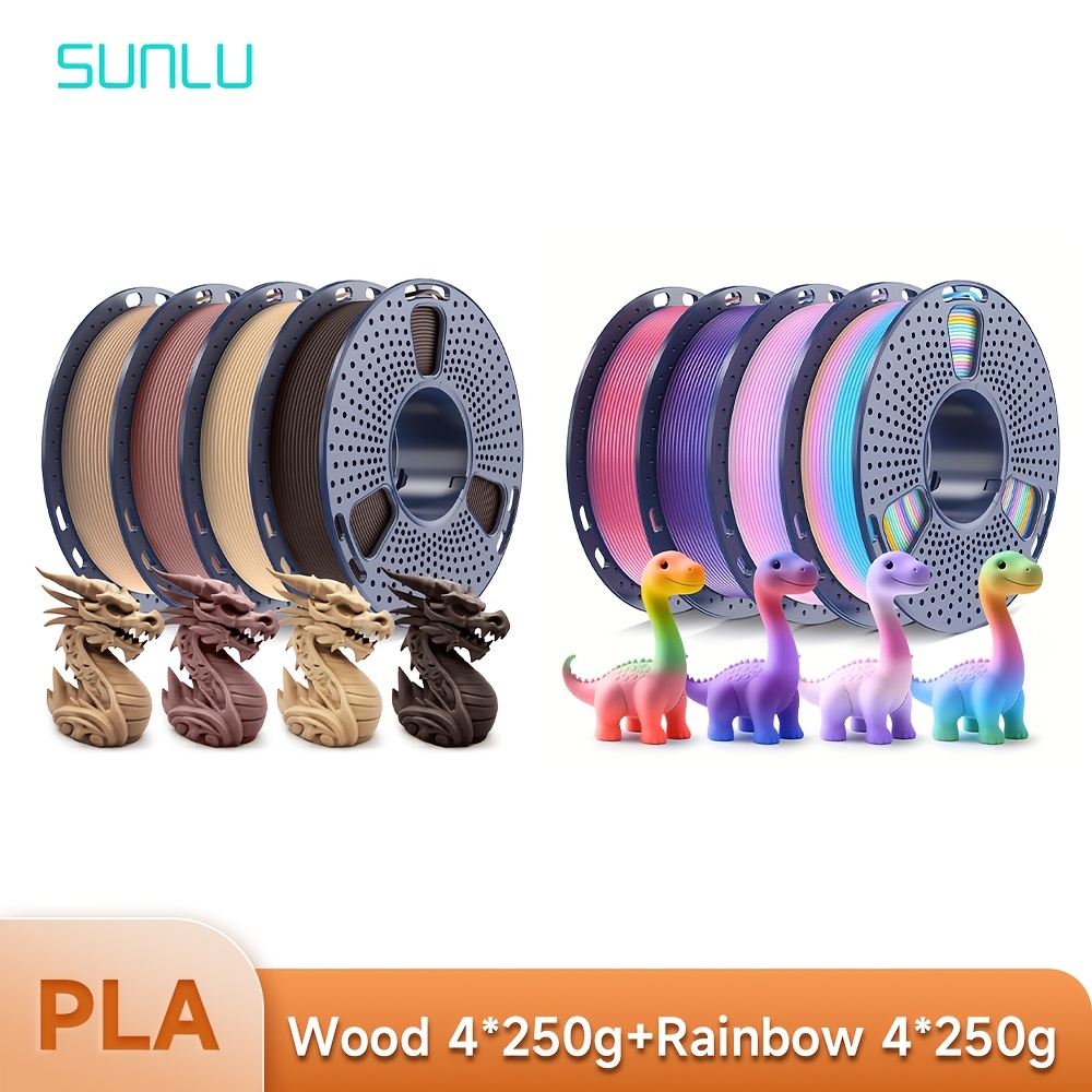 Image of Sunlu 250g Pla Combo, 250g*4 Wood Pla Filament + 4*250g Rainbow Pla Filament Bundle, Individually Vacuum Packed, Filament Wound, 1.75mm 250g Per Spool, Total 2kg(4.4lbs)