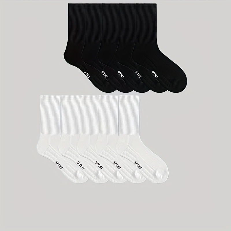 TEMU 10 Pairs Of Summer Men's Sports Shock Absorption Long Tube Breathable Towel Bottom Black And White Thick Basketball Socks