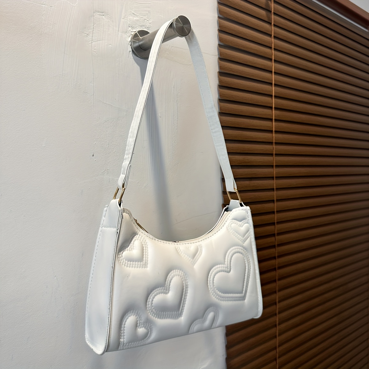 

Trendy Embossed Heart Pattern Shoulder Bag, Solid Color Versatile Zipper Underarm Bag For Women
