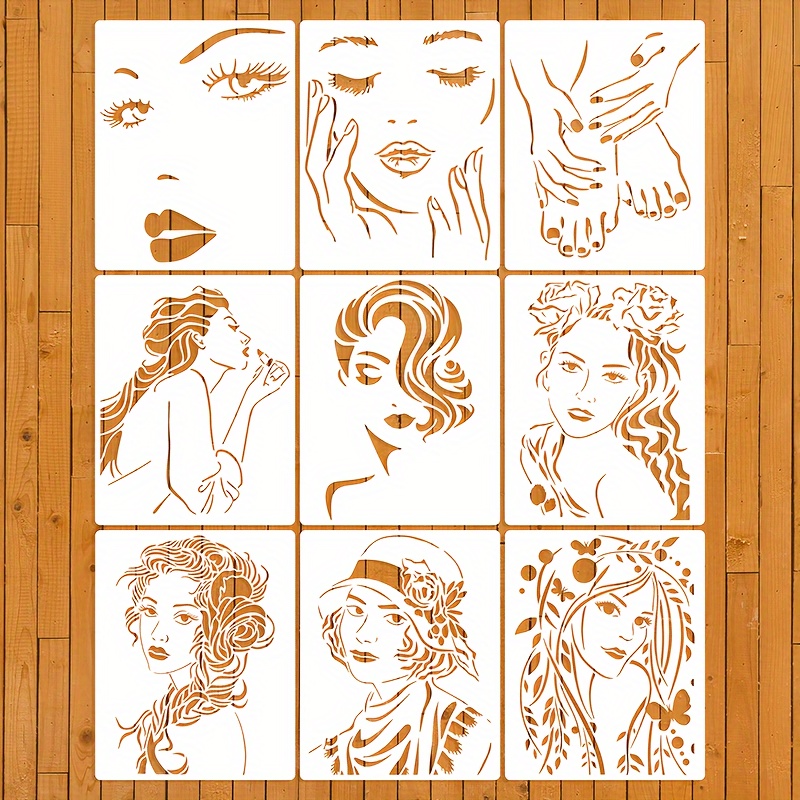 

9pcs Modern Female Portrait Stencils Set - Reusable & Washable For Diy Crafts, Wall Art, Window Decor, Canvas Painting & More - Ivory Plastic