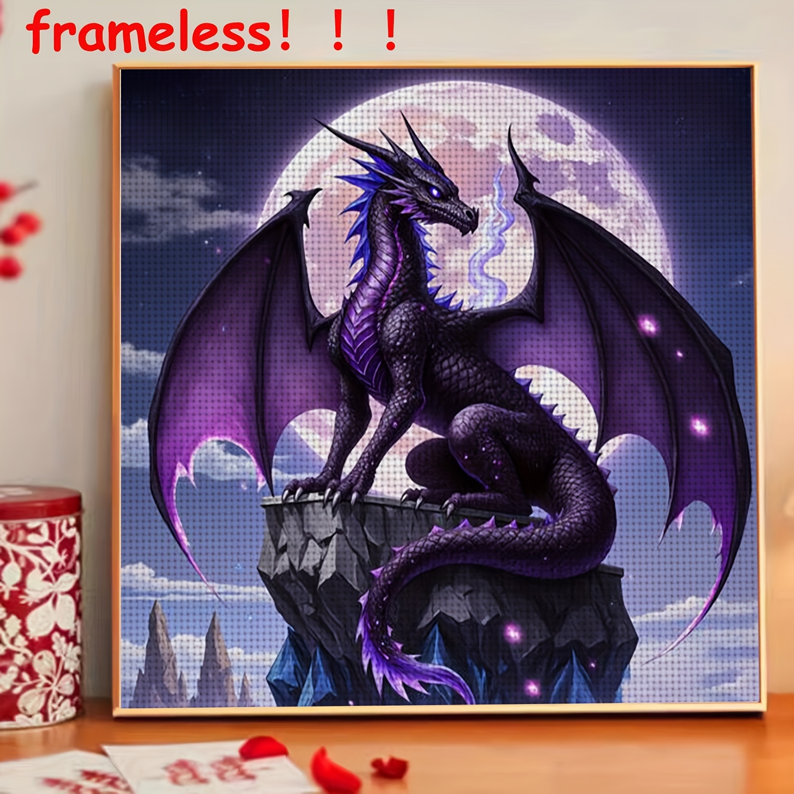 TEMU 1 Set 11ct Frameless Diy Stitch Kit - Purple Dragon On Rock Fantasy Dragon & Moon Embroidery Art, Complete Handmade Craft Set With Fabric,