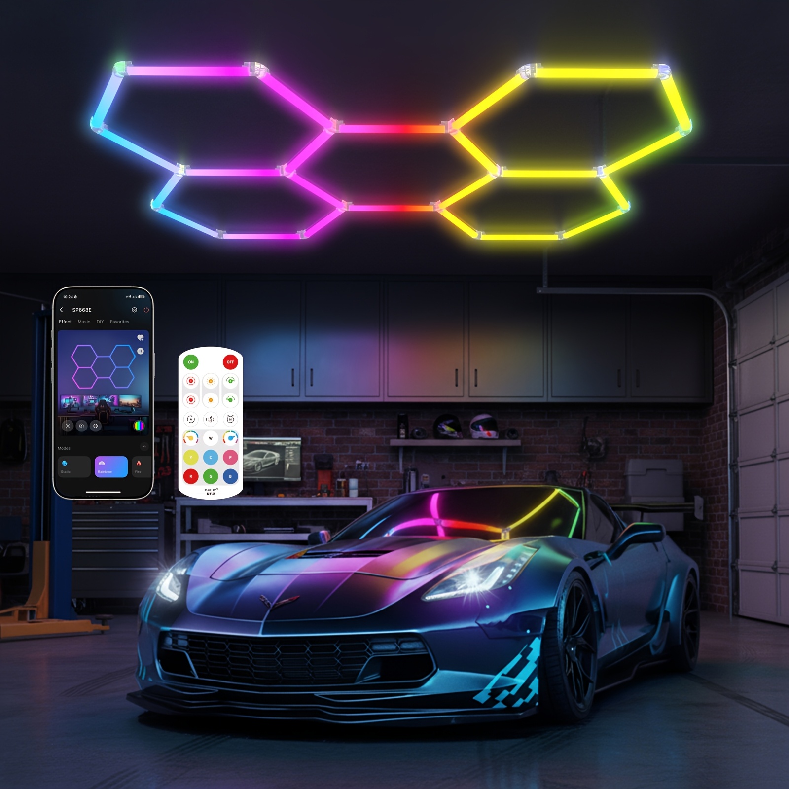 TEMU Hexagon Garage Lights: 3/5-grid Rgb Hexagon Led Lights With Music Sync Mode, App & Remote Control, Honeycomb Light For Gaming Room, Gym, Garage