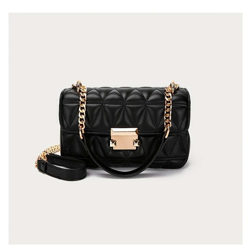 

Elegant Quilted Crossbody Bag With Diamond Pattern And Golden-tone Chain Strap - Women's Chic Black Shoulder Bag With Embossed Detail, Leather