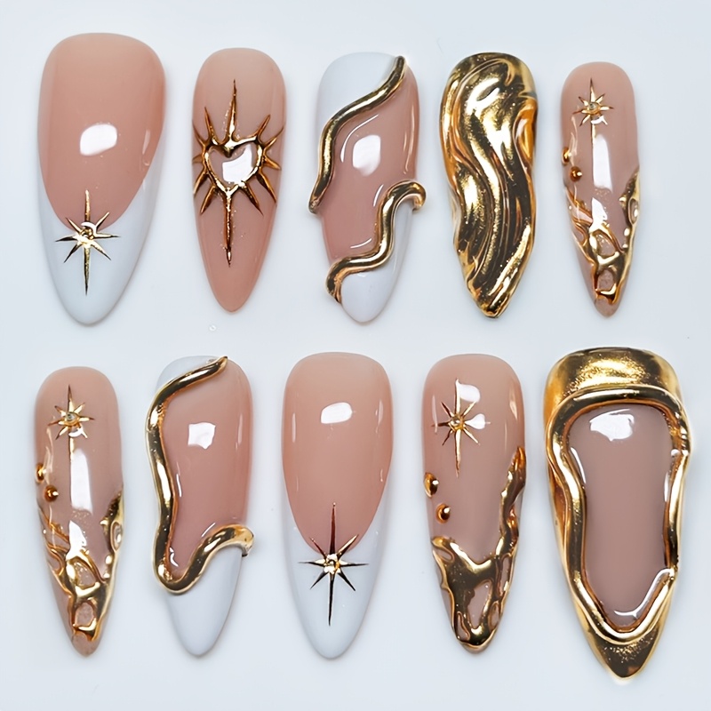 TEMU 30 stuks amandelvormige kunstnagels, herbruikbare glanzende acrylnageltips met gouden design, geschikt voor dagelijks gebruik, het Suikerfeest,