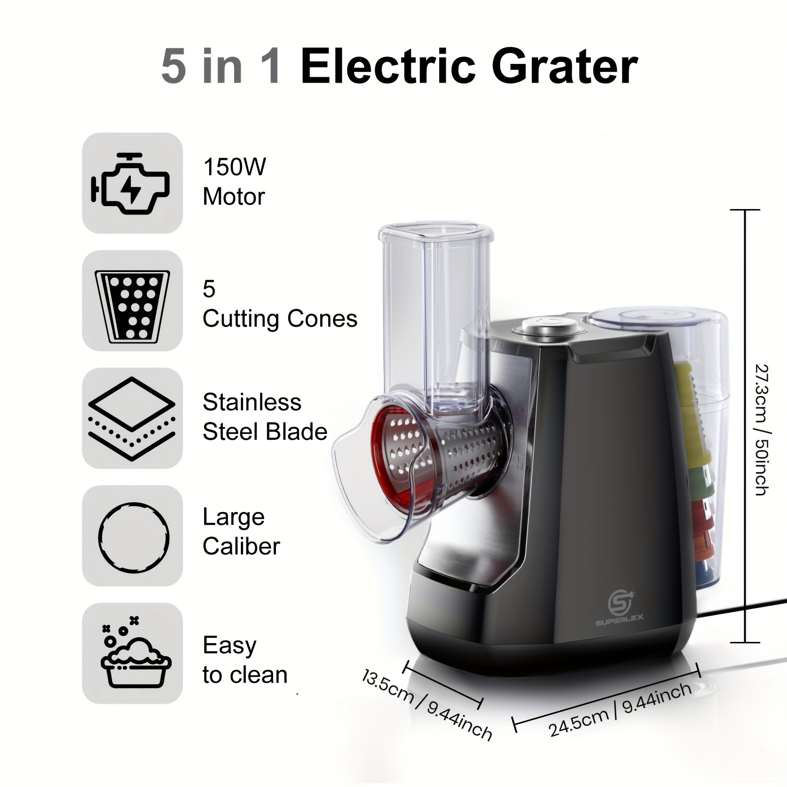 Image of Superlex Multi-functional Electric Grater Salad Machine, Electric Vegetable Slicer With 5 Interchangeable Drum , Cheese For Fruits And Vegetables Carrots Nuts Grater Kitchen