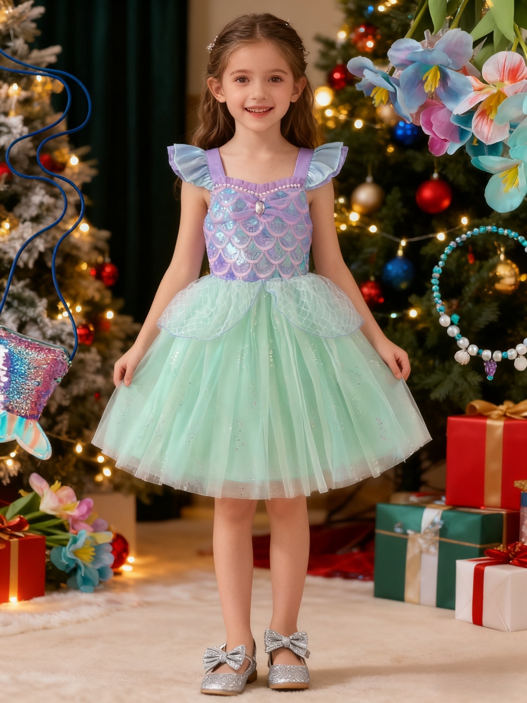 1pc * * Girls' Dress Puff Sleeve Camisole Princess Dress Cute Sequin Mesh  Skirt Prom Dress Performance Outfit Christmas Summer Clothes