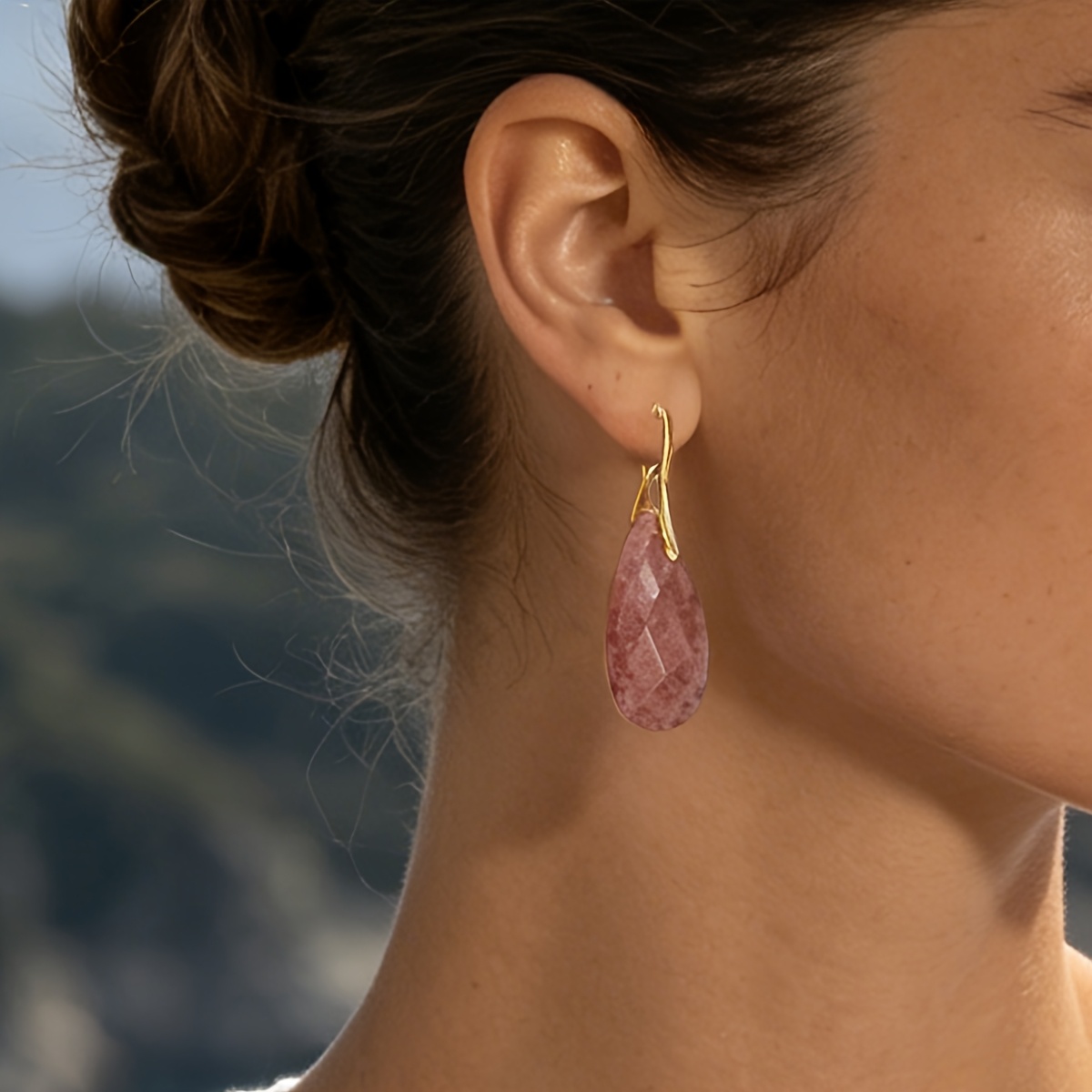 Women's Cherry Quartz Pendant Earrings with Water Droplets