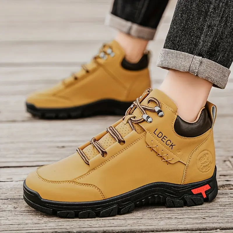 1pair vintage style mens high top casual sneakers solid color lace up upper fabric inner pvc sole round toe for hiking daily wear Product details 2