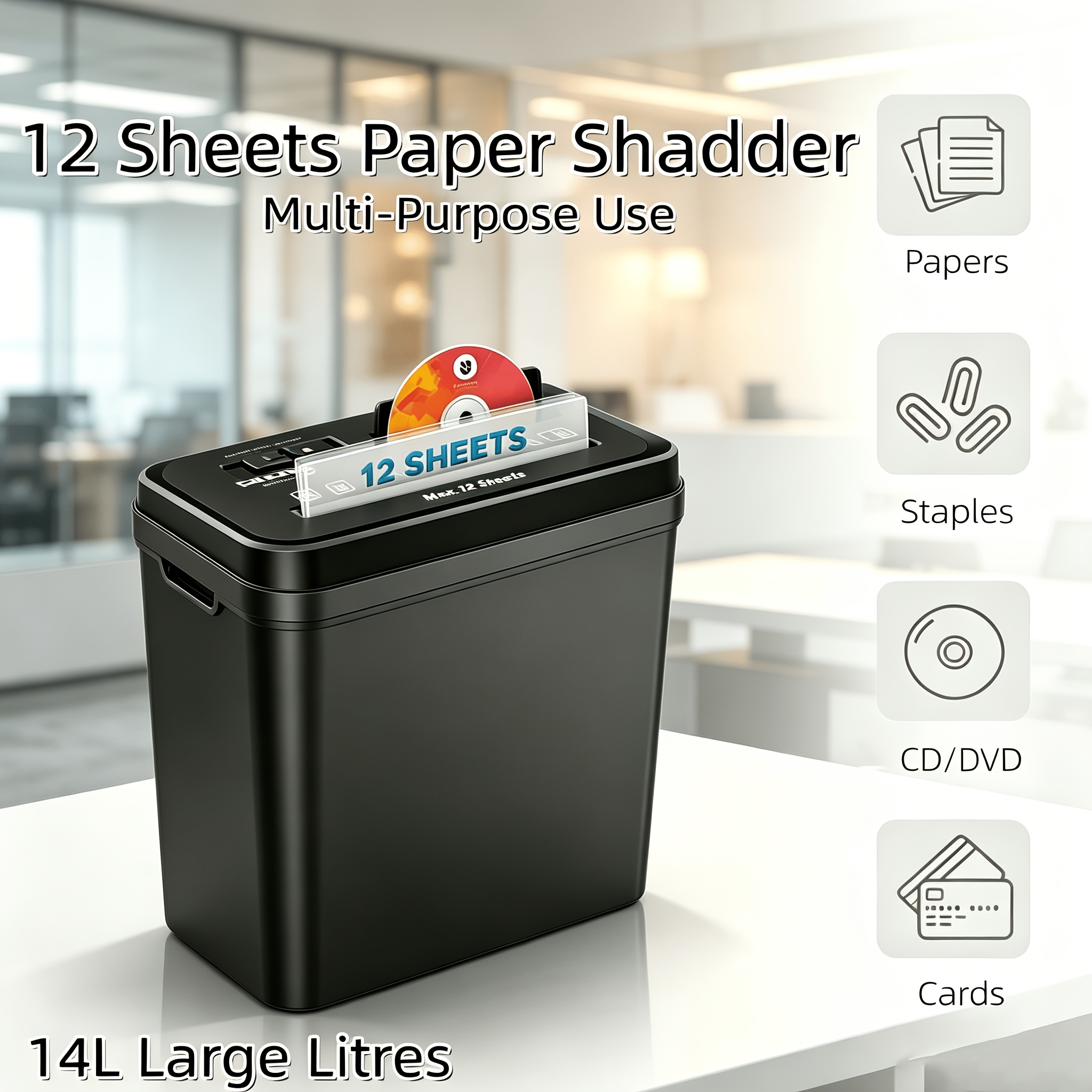 Image of Compact Electric 12-sheet Strip Cut With Motor Protection, 14l Waste Bin, 4-speed Operation Control, P4 Documents, Cds, And Credit Cards For Office Desktop