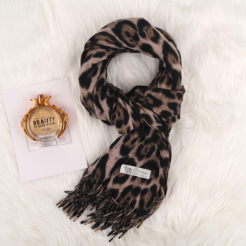 TEMU Chic Leopard Print Scarf For Women - Cozy & Warm Polyester Shawl, Fall/winter Dates