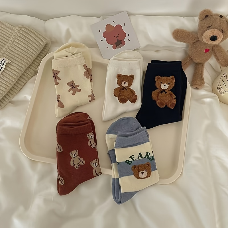 

5pcs Women's Bear Mid-calf Socks - Soft Polyester , Stretchy & Warm For Fall/winter