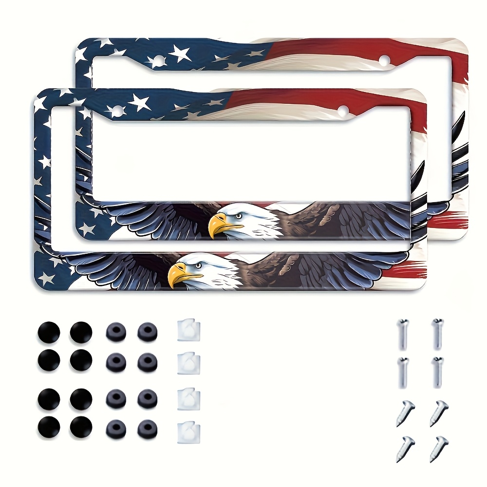 TEMU 2pcs Set Of And Eagle Pattern Aluminum License Plate Frame, Accessories And Installation Tools, Includes 4 Valve Caps, Suitable For Car Decorations