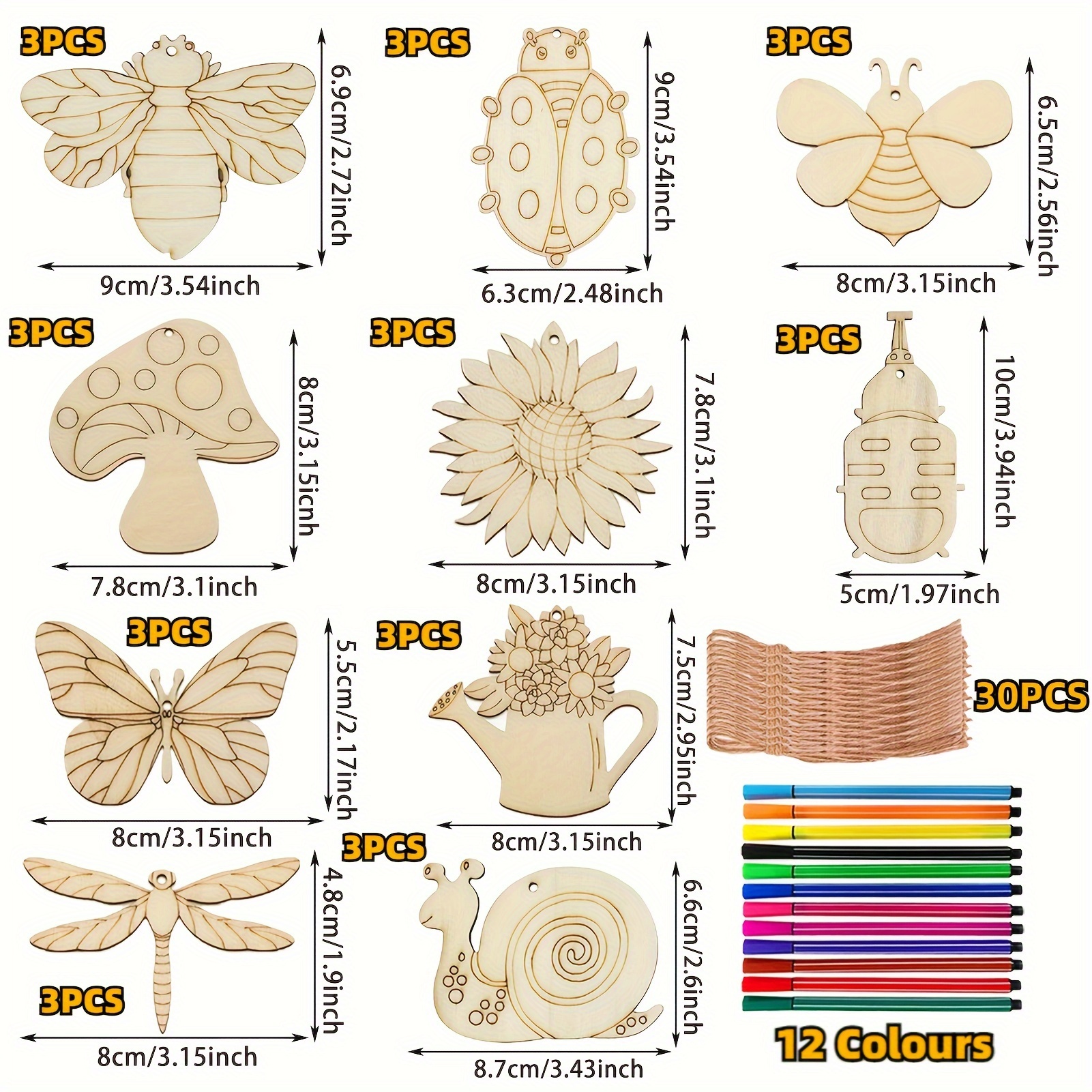 Image of 72pcs Insect Wooden Crafts, Kids Craft Set, Creative Wooden Craft Supplies With 30pcs Insect Wooden Blocks, 12 Watercolour Pencils, 30pcs String For Painting Decorations And Children Gifts