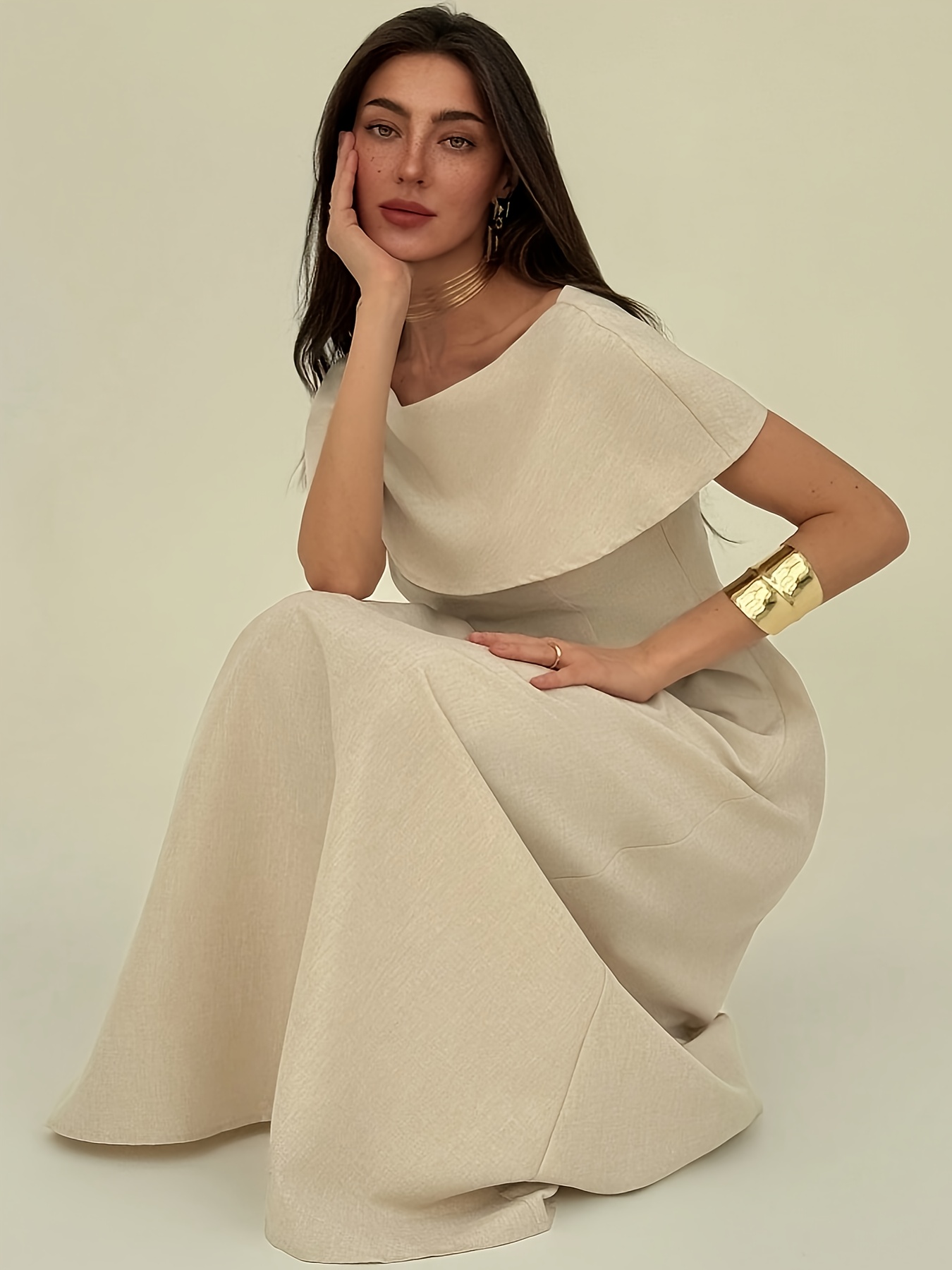 Elegant Off-Shoulder Beige Maxi Dress with Ruffle Sleeves and Flared Skirt  - Lightweight Polyester, Zipper Closure * Spring/Summer, Adult Women'S ...