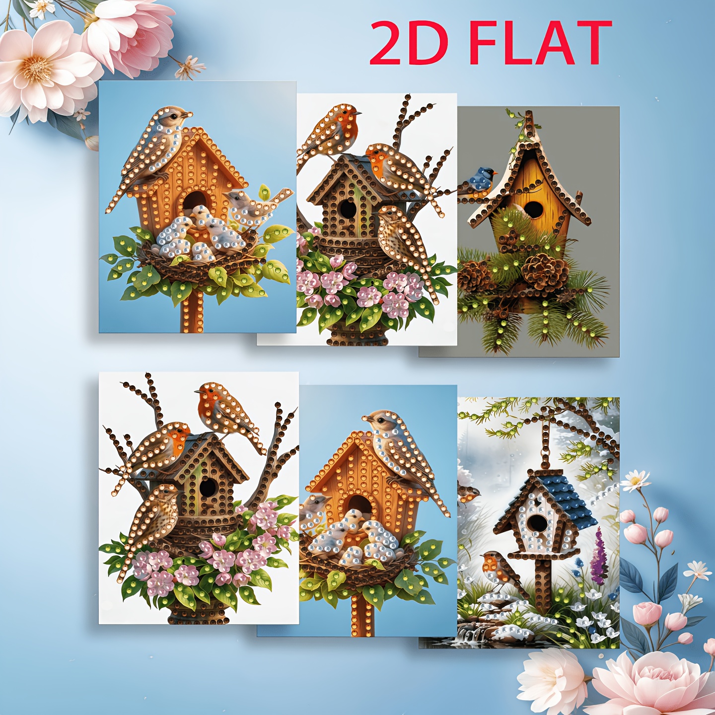 TEMU 6pcs Birdhouse Diamond Painting Cards Suitable For &, Stress- Handmade Craft With Irregular/round Diamond Dots, Diy Bird-themed Greeting Cards