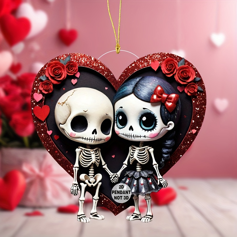 

Wothwell Skeleton Couple Heart Acrylic Ornament - Vintage-inspired Valentine's Day Decor, Car, Home, And Gift- | Figurines With Red Roses & Hearts, No Battery Needed