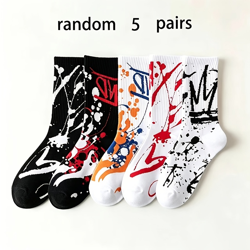 TEMU Random 5 Pairs Unisex Street Trendy Graffiti Mid-calf Socks, Fashionable Individual Versatile Mid-calf Socks, Comfortable For Daily Wear