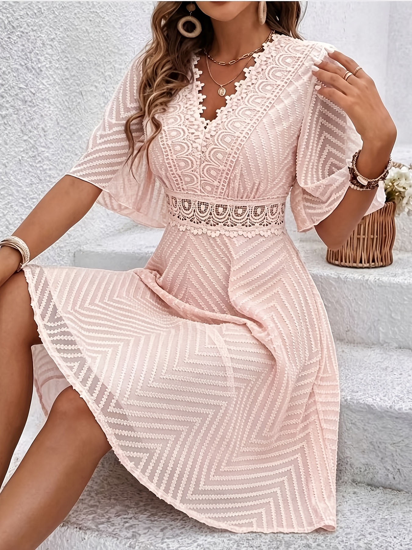 plus size womens elegant v neck laser cut   graduation dress short a line skirt teacher robe semi sheer   hem suitable for graduation ceremonies prom events machine washable dress