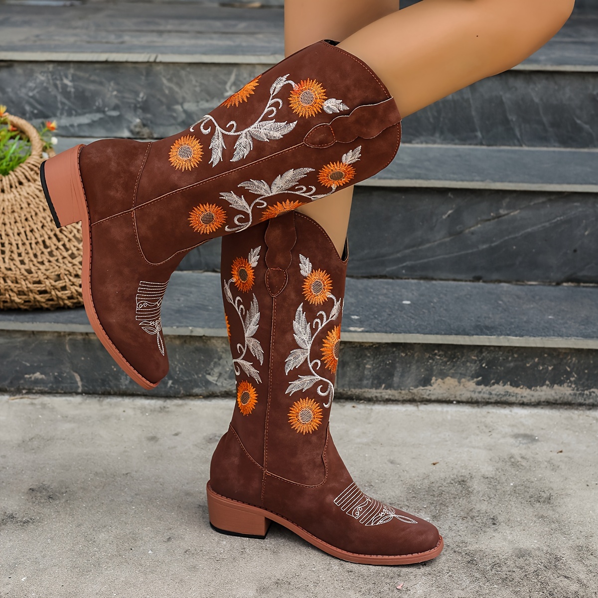 Women's Flower Embroidery Cowboy Boots V cut Square Toe Pull - Temu Canada