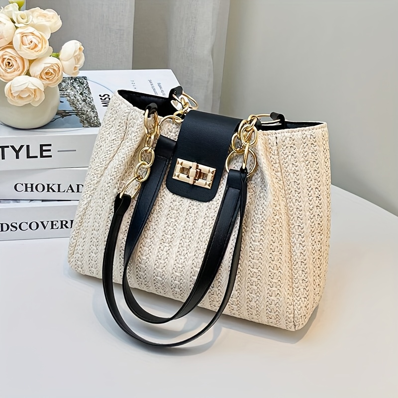 TEMU Elegant Women's Large Capacity Woven Fabric Shoulder Bag With Adjustable Chain Strap And Front - White/black, Suitable For Casual And Shopping