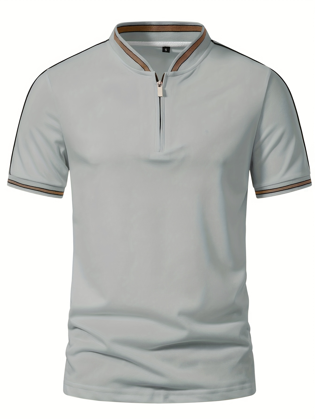 Men'S Casual Short Sleeve Polo Shirt - Beige with Black Side Stripes, Comfortable Breathable Fabric, Mandarin Collar, Zipper Detail, Perfect for Sports, Outdoor Activities & Casual Wear, Sports Casual Wear | Minimalist Design | Comfortable Fit