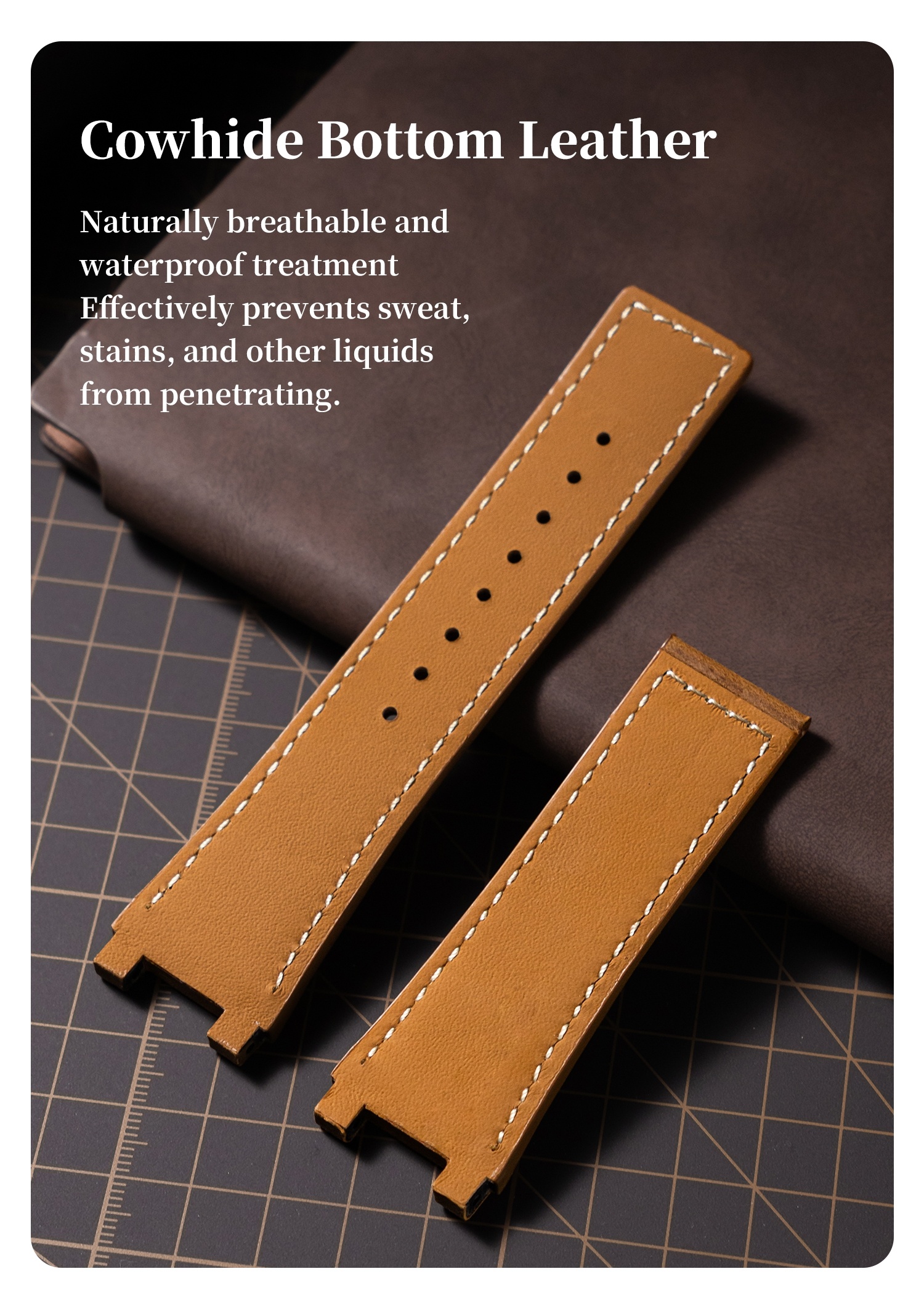 Handmade Wild Horse from Cowhide Is Suitable for iWatch S11/ Ultra3. It Features a Stainless Steel Folding Buckle and a 316L Stainless Steel Connector with Golden Studs.