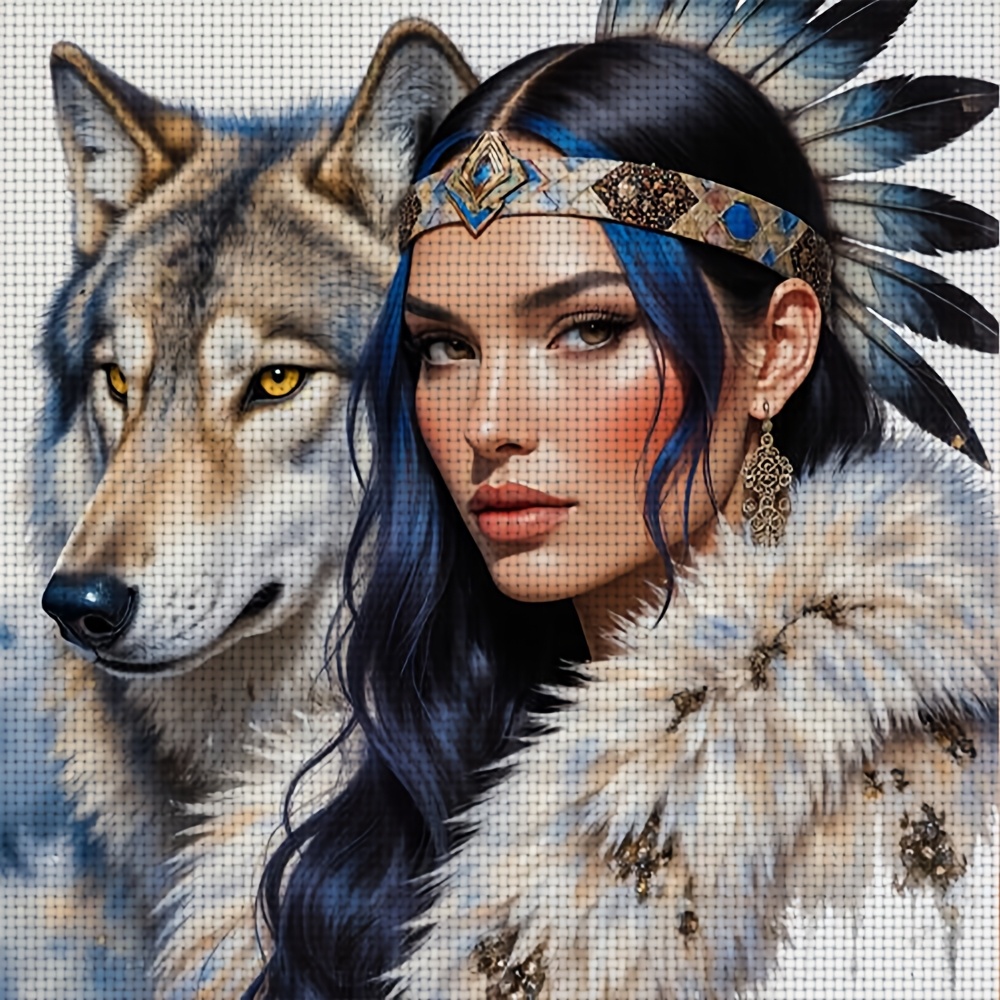 TEMU 1 Kit de Broderie DIY Cadre 11CT - Femme avec Loup, Coiffe à Plumes, Col en Fourrure, Adapté aux Adultes et Débutants pour se Détendre, Kit de