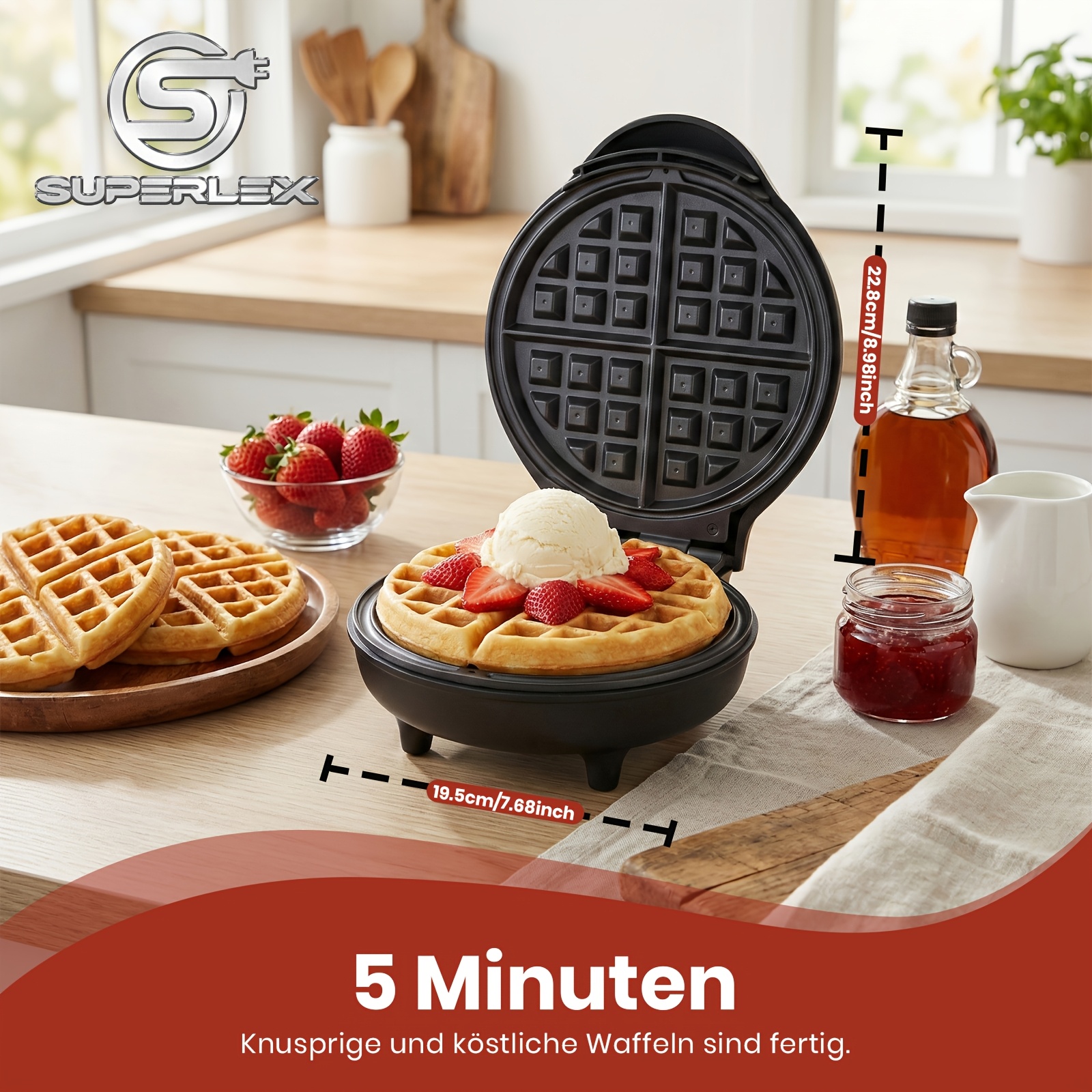 Image of Superlex Belgium Waffle Maker 4- 18cm Matte Black Automatic Temperature Control Easy To Operate For Home Breakfast And Snack Making
