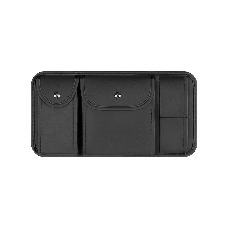 Image of 1pc Black Faux Leather Car Sun Visor Organizer - Multi-pocket Storage Pouch For Fashion Glasses, Cards And License, Fits Most Vehicles